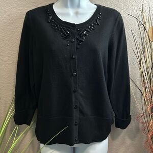 #89 Black Rivet black bead embellished, three-quarter sleeve, button sweater siz